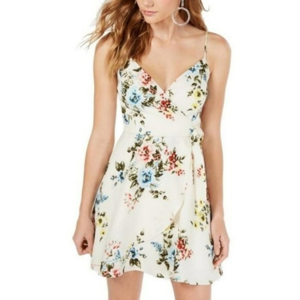 Trixxi Womens Off White Floral Spaghetti Strap Mini Dress V-Neck Waist Tie Sz 3